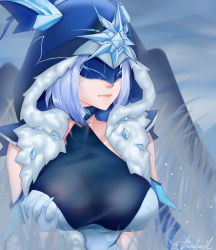 Rule 34 | 1girl, absurdres, artist request, blue hair, bodysuit, grabbing another&#039;s breast, breasts, cicin mage (genshin impact), coat, cryo cicin mage (genshin impact), deep skin, detached sleeves, genshin impact, gloves, grabbing, highres, hood, large breasts, mask, short hair, snow, solo