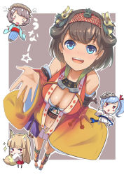 Rule 34 | 4girls, :d, :o, animal ears, bare shoulders, blue eyes, blue hair, blush stickers, breasts, brown background, brown hair, center opening, chibi, cleavage, covering own mouth, dark-skinned female, dark skin, detached sleeves, flying sweatdrops, fox ears, fox tail, hairband, kitsune, large breasts, long sleeves, looking at viewer, looking to the side, multiple girls, navel, o o, open hand, open mouth, oshiro project:re, outside border, palms, parted lips, red eyes, sandals, sash, senko (oshiro project), short hair, shuri (oshiro project), side ponytail, simple background, skirt, smile, sparkle, standing, stomach, tail, talisman, teeth, wide sleeves, yusachiko