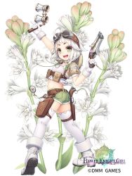 Rule 34 | 1girl, :d, ahoge, ass, boots, company name, copyright name, dual wielding, flower, flower knight girl, full body, gloves, goggles, goggles on head, green eyes, green shorts, gun, holding, looking at viewer, name connection, object namesake, official art, open mouth, short hair, shorts, simple background, smile, solo, standing, thighhighs, tuberose (flower knight girl), weapon, white background, white footwear, white gloves, white hair, white thighhighs, yuru