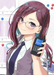 Rule 34 | 1girl, blue necktie, blush, board eraser, breasts, brown hair, closed mouth, dot nose, glasses, grey-framed eyewear, hand up, highres, holding, holding walkie-talkie, idolmaster, idolmaster cinderella girls, idolmaster cinderella girls starlight stage, kaiso (kaisooekaki), large breasts, long hair, looking at viewer, magnet, necktie, open clothes, open vest, paper, pen, purple eyes, purple vest, shirt, short sleeves, smile, solo, upper body, vest, walkie-talkie, white shirt, yagami makino