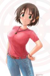 Rule 34 | 1girl, alternate hairstyle, belt, black hair, blush, bracelet, braid, breasts, closed mouth, cowboy shot, denim, dot nose, green eyes, hair ornament, hand on own hip, harada miyo, highres, idolmaster, idolmaster cinderella girls, idolmaster cinderella girls starlight stage, jewelry, large breasts, looking at viewer, necklace, red belt, red shirt, shikamax2, shirt, short hair, short sleeves, smile, solo, standing, twitter username, white background