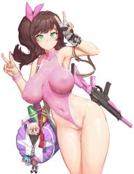 Rule 34 | 1girl, absurdres, armpits, assault rifle, bad id, bad pixiv id, bag, bare hips, breasts, breasts apart, brown hair, character doll, coco mercury, collarbone, covered navel, cowboy shot, double v, fingerless gloves, gloves, green eyes, greentree, gun, hair ribbon, halterneck, highleg, highleg swimsuit, highres, holding, holding bag, impossible clothes, impossible swimsuit, large breasts, last origin, long hair, looking at viewer, lrl (last origin), mini perrault (last origin), one-piece swimsuit, perrault (last origin), pink one-piece swimsuit, pink ribbon, pussy, ribbon, rifle, side ponytail, simple background, single glove, solo, submachine gun, suppressor, sweatband, swimsuit, tomo (last origin), tomoe (last origin), v, weapon, weapon request, white background, window magazine