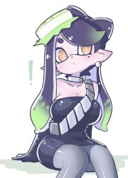 Rule 34 | !, 1girl, arm support, arms behind back, bare shoulders, black dress, black gloves, black hair, breasts, callie (splatoon), cleavage, closed mouth, collar, collarbone, dress, earrings, elbow gloves, feet out of frame, frown, gloves, gradient hair, green hair, grey pantyhose, hair ornament, hekoningyou (waraningyou), highres, inkling, jewelry, large breasts, long hair, looking at viewer, metal collar, mole, mole under eye, multicolored hair, nintendo, orange eyes, pantyhose, pointy ears, sash, short eyebrows, simple background, sitting, solo, splatoon (series), splatoon 1, strapless, strapless dress, swept bangs, symbol-shaped pupils, tentacle hair, thick eyebrows, tube dress, two-tone hair, white background
