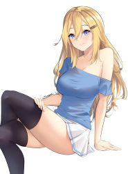 Rule 34 | 1girl, absurdres, arm support, black thighhighs, blonde hair, blue eyes, blue shirt, breasts, cleavage, closed mouth, collarbone, commission, crossed legs, hair between eyes, hair ornament, hairclip, hand on lap, highres, large breasts, long hair, looking at viewer, miniskirt, off-shoulder shirt, off shoulder, original, pleated skirt, shirt, simple background, sitting, skirt, smile, solo, steeb, straight hair, thighhighs, very long hair, white background, white skirt, zettai ryouiki