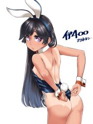 Rule 34 | 1girl, adjusting clothes, adjusting leotard, animal ears, ass, black eyes, black hair, black leotard, bow, bowtie, character name, commentary request, detached collar, fake animal ears, from behind, i-400 (kancolle), kantai collection, leotard, long hair, looking at viewer, one-piece tan, orange bow, orange bowtie, pantyhose, playboy bunny, rabbit ears, rabbit tail, simple background, solo, strapless, strapless leotard, tail, tan, tanline, udukikosuke, wedgie, white background, wrist cuffs