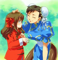 Rule 34 | 00s, 2girls, arima miyako, bent over, bow, breasts, capcom, child, chinese clothes, chun-li, crossover, female focus, gradient background, green eyes, hair bow, multiple girls, standing, street fighter, tsukihime
