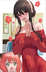 Rule 34 | 2girls, :d, absurdres, ahoge, anya (spy x family), bare shoulders, black hair, blush, breasts, child, dylanlin, flower, green eyes, hair between eyes, hairband, highres, horn ornament, horns, large breasts, long hair, looking at another, looking at viewer, mother and daughter, multiple girls, off-shoulder sweater, off shoulder, open mouth, own hands together, pink hair, red eyes, red sweater, sidelocks, smile, sparkling eyes, spy x family, sweater, white hairband, yor briar