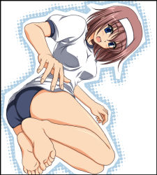 Rule 34 | 1girl, ass, bad id, bad pixiv id, bare legs, barefoot, blue hair, breasts, brown hair, covered erect nipples, fang, feet, from below, gym uniform, hairband, headband, ishida seito, looking down, open mouth, original, short hair, soles, solo, toes