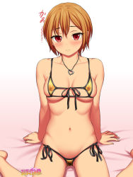 Rule 34 | 1girl, amagamido, arm support, bare arms, bare shoulders, bed sheet, bikini, black ribbon, blush, breasts, brown hair, character request, closed mouth, collarbone, feet out of frame, female pubic hair, front-tie bikini top, front-tie top, frown, heart, heart necklace, highres, jewelry, leaning back, looking at viewer, medium breasts, micro bikini, nanase-chan ntr!, navel, necklace, nipples, on bed, pendant, pubic hair, red eyes, ribbon, see-through, short hair, side-tie bikini bottom, sitting, skindentation, solo, stomach, swimsuit, translation request, wariza, yellow bikini