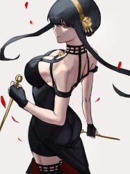 Rule 34 | 1girl, ass, bare shoulders, black dress, black gloves, black hair, breasts, cleavage, dagger, dress, emo37337640, fingerless gloves, flower, gloves, gold hairband, hair ornament, hairband, highres, holding, holding dagger, holding knife, holding weapon, jewelry, knife, large breasts, long hair, red eyes, sidelocks, simple background, smile, solo, spy x family, stiletto (weapon), weapon, white background, yor briar