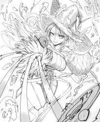 Rule 34 | 1girl, absurdres, aoi takeru, breasts, diabellze the original sinkeeper, duel monster, fingernails, floating hair, greyscale, hat, highres, large breasts, long hair, mature female, monochrome, outstretched hand, puffy sleeves, sketch, smile, solo, unfinished, upper body, white hat, witch, yu-gi-oh!