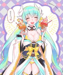 Rule 34 | aqua hair, bare shoulders, bikini, blush, bow, breasts, cleavage, closed eyes, cowboy shot, detached collar, dragon girl, dragon horns, fate/grand order, fate (series), food, fruit, hair bow, happy, holding, holding food, horns, ice cream, japanese clothes, kimono, kiyohime (fate), kiyohime (fate/grand order), kiyohime (swimsuit lancer) (fate), kiyohime (swimsuit lancer) (first ascension) (fate), long hair, long sleeves, low twintails, medium breasts, obi, open mouth, sara (kurome1127), sash, smile, solo, spoon, standing, strawberry, swimsuit, thighhighs, twintails, twitter username, very long hair, white kimono, wide sleeves, yellow bikini, yellow bow