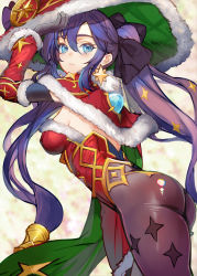 Rule 34 | 1girl, arm up, blue eyes, bodystocking, breasts, capelet, christmas, chromatic aberration, from side, fur-trimmed capelet, fur trim, genshin impact, hat, highres, long hair, mona (genshin impact), pupps, purple hair, santa hat, skin tight, small breasts, solo, thick thighs, thighs, torn, torn clothes, torn legwear, very long hair, vision (genshin impact), witch hat