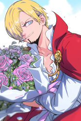 1boy absurdres artist_name blonde_hair blue_eyes bouquet cape cigarette closed_mouth commentary curly_eyebrows english_commentary facial_hair flower goatee hair_over_one_eye highres holding holding_bouquet male_focus mygiorni one_eye_covered one_piece outdoors pink_flower red_cape sanji_(one_piece) shirt short_hair smile solo white_shirt