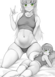 Rule 34 | 1girl, arm behind back, artist name, ass, bare arms, bare shoulders, bed sheet, blunt bangs, blush, breasts, closed mouth, collarbone, commentary, commentary request, crop top, english commentary, from behind, gluteal fold, green eyes, greyscale, hairband, hand up, heanna sumire, highres, kneeling, long hair, looking at viewer, looking back, love live!, love live! superstar!!, lying, m/, medium breasts, mixed-language commentary, monochrome, multiple views, navel, hugging object, on stomach, panties, pillow, pillow hug, sidelocks, signature, skindentation, smile, spot color, stomach, string panties, tank top, thighhighs, underwear, unsfrau, white background