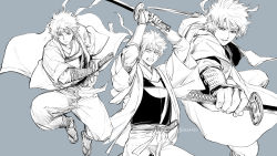Rule 34 | 1boy, arm guards, armor, arms up, breastplate, clenched hand, closed mouth, gintama, grey background, greyscale, headband, highres, holding, holding sword, holding weapon, japanese clothes, katana, kimono, male focus, monochrome, multiple views, pants, parted lips, sakata gintoki, simple background, sword, twitter username, uraki (tetsu420), weapon
