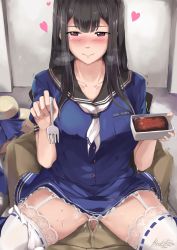 Rule 34 | 1boy, 1girl, black hair, blue dress, blue ribbon, breasts, brown eyes, clothed sex, commission, cowgirl position, cum, cum in pussy, dress, food, fork, garter straps, girl on top, hat, heart, heart-shaped pupils, hetero, hiroki ree, holding, holding food, holding fork, incoming food, indoors, iowa (pacific), kantai collection, lace, lace-trimmed dress, lace-trimmed legwear, lace trim, large breasts, long hair, mole, mole under eye, pacific (kancolle), panties, panties around leg, penis, pleated skirt, pussy, ribbon, ribbon-trimmed legwear, ribbon trim, sex, short sleeves, sitting, sitting on person, skirt, solo focus, steak, straddling, sun hat, sweat, symbol-shaped pupils, uncensored, underwear, unworn hat, unworn headwear, uss iowa (bb-61), vaginal, very sweaty, white legwear, white panties