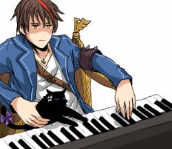 Rule 34 | 1boy, anger vein, angry, animated, animated gif, armband, black cat, bow, cat, frederica bernkastel, frederica bernkastel (cat), instrument, jitome, keyboard cat, lowres, male focus, meme, multicolored hair, no naku koro ni (series), piano, playing, red hair, ribbon, ryuukishi07, shaded face, simple background, sitting, solo, streaked hair, tail, tail bow, tail ornament, two-tone hair, umineko no naku koro ni, upper body, white background, willard h. wright, yellow eyes