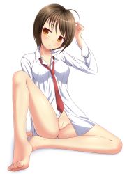 Rule 34 | 1girl, ahoge, arm up, bare legs, barefoot, bottomless, bow, breasts, brown eyes, brown hair, cleft of venus, collared shirt, commentary request, full body, head tilt, ki (kk-sk-ray), long sleeves, medium breasts, necktie, original, pussy, red necktie, shirt, simple background, sitting, solo, uncensored, white background, white shirt