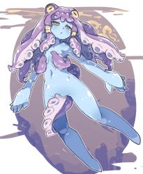 Rule 34 | 1girl, blue skin, breasts, cephalopod eyes, colored skin, extra eyes, female focus, monster girl, navel, nude, original, small breasts, solo, suction cups, tentacle hair, tentacles, unarsite, underwater, yellow eyes