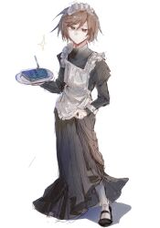 Rule 34 | alternate costume, apron, black dress, black footwear, brown hair, chinese commentary, chinese text, closed mouth, commentary request, crossdressing, dress, enmaided, frilled apron, frills, frown, full body, harada mutei, highres, long dress, maid, maid apron, maid headdress, male focus, male maid, pantyhose, puffy sleeves, red eyes, saibou shinkyoku, short hair, shuguan zhiwa, simple background, sketch, sweat, translation request, white apron, white background, white pantyhose