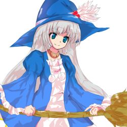 Rule 34 | 1girl, alphes (style), bad id, bad pixiv id, blue eyes, broom, artistic error, female focus, hat, honi (honix3), long hair, original, parody, seri montgomery, silver hair, smile, solo, staff, style parody, touhou, witch hat