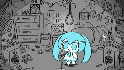 Rule 34 | +-0 (vocaloid), 1girl, aqua eyes, aqua hair, aqua necktie, bed, bedroom, book, bug, candle, candlestand, chibi, chibi only, clock, closed mouth, crack, cracked wall, crayon, crescent, drawer, electrical outlet, gavel, hair ornament, hairclip, hatsune miku, indoors, long hair, looking at object, magnet, microphone, microphone stand, necktie, no pupils, noose, paper, pen, pepoyo, picture frame, plank, silk, skirt, smile, solo, speaker, spider, spider web, standing, trash, trash can, twintails, vocaloid