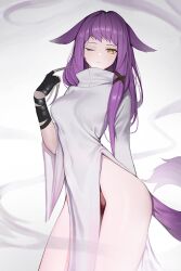 Rule 34 | 1girl, animal ears, black gloves, breasts, character request, covered navel, cowboy shot, dress, fingerless gloves, fox ears, fox tail, gloves, highres, league of legends, long hair, long sleeves, looking at viewer, medium breasts, ness (pjw0168), one eye closed, original, parted lips, pelvic curtain, purple hair, side slit, sidelocks, solo, standing, tail, thighs, turtleneck, very long hair, yellow eyes