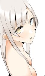 Rule 34 | 1girl, absurdres, bad id, bad pixiv id, blue eyes, breasts, female focus, grey hair, heterochromia, highres, long hair, looking at viewer, multicolored eyes, naked shirt, nue0, open mouth, original, shirt, simple background, small breasts, solo, white background, white hair, yellow eyes