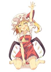 Rule 34 | 1girl, :d, absurdres, arm up, ascot, barefoot, between legs, blonde hair, blush, bow, commentary request, crystal, fangs, feet, flandre scarlet, frilled shirt collar, frilled skirt, frills, full body, hair between eyes, hand between legs, happy, hat, hat bow, highres, looking at viewer, medium hair, mob cap, open mouth, partial commentary, puffy short sleeves, puffy sleeves, red bow, red skirt, red vest, seika okawari, shirt, short sleeves, side ponytail, sidelocks, simple background, sitting, skirt, smile, solo, straight-on, toes, touhou, tsurime, vest, wariza, white background, white hat, white shirt, wings, yellow ascot, yellow eyes