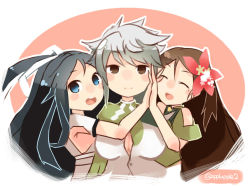 Rule 34 | 10s, 3girls, amagi (kancolle), apupuru, armpits, asymmetrical hair, bare shoulders, black hair, blue eyes, braid, breasts, brown eyes, brown hair, cleavage cutout, clothing cutout, closed eyes, flower, girl sandwich, hair between eyes, hair flower, hair ornament, hair ribbon, hand on another&#039;s face, hug, jitome, kantai collection, katsuragi (kancolle), large breasts, long sleeves, mole, mole under eye, multiple girls, open mouth, ponytail, remodel (kantai collection), ribbon, sandwiched, silver hair, single braid, sketch, small breasts, unryuu (kancolle), upper body, white ribbon
