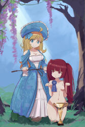 Rule 34 | 2girls, absurdres, ahoge, alternate costume, blonde hair, blue eyes, blush, breasts, brown eyes, brown hair, cleavage, dress, frilled dress, frills, grin, hanazono yurine, hat, highres, jashin-chan, jashin-chan dropkick, kneeling, lamia, large breasts, long hair, looking at another, looking at viewer, monster girl, multiple girls, navel, nude, outdoors, paw pose, riding crop, small breasts, smile, trophy, twintails