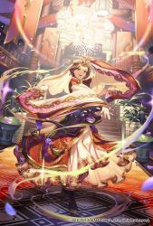 Rule 34 | black eyes, black hair, dancing, dress, earrings, floor, headwear request, japanese clothes, jewelry, kimono, lantern, looking at viewer, miko, official art, open mouth, palace, pillar, plant, potted plant, reaching, reaching towards viewer, romancing saga re;universe, smile, stairs, standing, tef