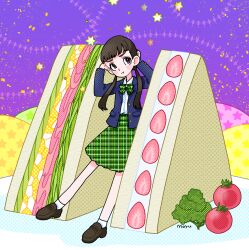 Rule 34 | 1girl, blue jacket, blush stickers, bow, broccoli, brown eyes, brown footwear, brown hair, cherry tomato, closed mouth, food, fruit, fujishima moyu, green skirt, highres, jacket, loafers, long hair, original, oversized food, oversized object, plaid, plaid bow, plaid skirt, sandwich, shirt, shoes, skirt, socks, strawberry, tomato, twintails, white shirt, white socks