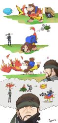Rule 34 | 1boy, 4koma, absurdres, animal, backpack, bag, bandana, banjo-kazooie, banjo (banjo-kazooie), bear, beard, bird, blue eyes, box, brown hair, cardboard box, comic, crossover, explosive, facial hair, feathers, gloves, grenade, hat, highres, ippers, kazooie (banjo-kazooie), male focus, metal gear (series), metal gear solid, metal gear solid 2: sons of liberty, nintendo, open mouth, smile, sneaking suit, solid snake, super smash bros., wings