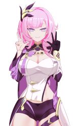 Rule 34 | 1girl, absurdres, asymmetrical clothes, asymmetrical hair, bike shorts, black gloves, breasts, cleavage, closed mouth, cowboy shot, double v, elysia (honkai impact), elysia (miss pink elf) (honkai impact), gloves, gluteal fold, hair ornament, highres, honkai (series), honkai impact 3rd, large breasts, long hair, looking at viewer, pink hair, pointy ears, purple eyes, shadytown, single glove, smile, solo, v