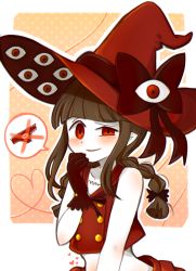 Rule 34 | 1girl, belly, blush, bow, braid, brown hair, buttons, colored skin, darklephise, extra eyes, funamusea, gloves, gradient background, hand on own chin, hat, hat bow, heart, long hair, oounabara to wadanohara, orange background, panties, red bow, red eyes, red gloves, red hat, red panties, red shirt, shirt, simple background, smile, solo, speech bubble, third eye, twin braids, underwear, wadanohara, white background, white skin, witch hat