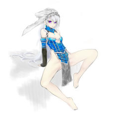 Rule 34 | 10s, 1girl, bad id, bad pixiv id, barefoot, breasts, crown, detached collar, detached sleeves, earrings, eyelashes, full body, highres, hitsugi no chaika, jewelry, layla (hitsugi no chaika), lipstick, looking at viewer, makeup, no panties, pelvic curtain, purple eyes, silver hair, simple background, sitting, small breasts, solo, spread legs, subete no houkou, veil, white background