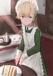 Rule 34 | 1girl, absurdres, apron, blonde hair, blue eyes, blush, bookshelf, closed mouth, commentary request, cup, door, dress, food, green dress, hair ribbon, highres, kamaboko senshi, kantai collection, kettle, long sleeves, looking at viewer, low ponytail, maid, maid headdress, medium hair, plate, ribbon, sandwich, shin&#039;you (kancolle), smile, solo, table, white apron, yellow ribbon