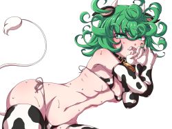 Rule 34 | 1girl, animal ears, animal print, areola slip, ass, bell, bikini, blush, breasts, chinese zodiac, collar, covered erect nipples, cow ears, cow horns, cow print, cow print bikini, cow tail, curly hair, curvy, elbow gloves, fake animal ears, fake horns, fake tail, gloves, green eyes, green hair, hanya (hanya yashiki), highres, horns, looking at viewer, lying, micro bikini, navel, neck bell, on side, one-punch man, print bikini, shiny skin, short hair, side-tie bikini bottom, simple background, small breasts, solo, sweat, swimsuit, tail, tatsumaki, thighhighs, white background, year of the ox