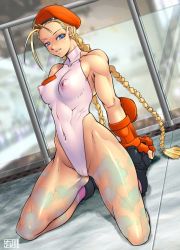 Rule 34 | 1990s (style), 1girl, abs, beret, blonde hair, boots, braid, breasts, cammy white, capcom, covered erect nipples, female pubic hair, fingerless gloves, gloves, hat, impossible clothes, impossible shirt, impossible swimsuit, kneeling, leotard, looking at viewer, medium breasts, muscular, nipples, pubic hair, puffy nipples, qkat (arikawa-dou), retro artstyle, seductive smile, see-through, shirt, skin tight, smile, solo, street fighter, street fighter ii (series), swimsuit, thighs, twin braids, white leotard