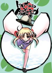 Rule 34 | 1girl, ;), bent over, blonde hair, blush, brown eyes, extra eyes, female focus, full body, hat, hisame genta, loafers, long hair, long sleeves, looking at viewer, moriya suwako, one eye closed, outstretched arms, pink thighhighs, shoes, sleeves past wrists, smile, solo, thighhighs, touhou, twintails, zettai ryouiki