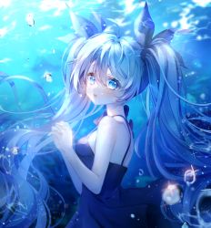 Rule 34 | 1girl, ahoge, bare arms, blue bow, blue dress, blue eyes, blue hair, blue theme, bow, breasts, bubble, dress, floating hair, from side, hair between eyes, hair bow, hatsune miku, highres, long hair, medium breasts, open mouth, own hands clasped, own hands together, shina (sbk951121), shinkai shoujo (vocaloid), shoulder blades, sideboob, sleeveless, sleeveless dress, solo, sparkle, strap gap, twintails, underwater, very long hair, vocaloid