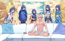Rule 34 | 1boy, 6+girls, abs, blue hair, blue kimono, blush, casting couch, closed mouth, couch, covered navel, fire emblem, fire emblem awakening, fire emblem cipher, fire emblem heroes, grin, harem, highres, indian style, japanese clothes, kimono, long hair, long sleeves, lucina (fire emblem), lucina (valentine) (fire emblem), meme, multiple girls, multiple persona, muscular, muscular male, nintendo, obi, official alternate costume, on couch, piper perri surrounded (meme), robin (fire emblem), robin (male) (fire emblem), role reversal, sash, short hair, sitting, smile, surrounded, swimsuit, tiara, topless male, twitter username, white hair, you gonna get raped, yusi vishnu