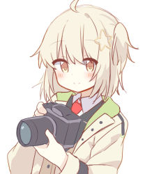 Rule 34 | 1girl, absurdres, ahoge, arknights, black vest, blush, brown eyes, brown hair, brown jacket, camera, closed mouth, collared shirt, hair between eyes, hair ornament, hands up, highres, holding, holding camera, jacket, long sleeves, looking at viewer, necktie, one side up, open clothes, open jacket, red necktie, ryoku sui, scene (arknights), shirt, simple background, smile, solo, star (symbol), star hair ornament, upper body, vest, white background, white shirt
