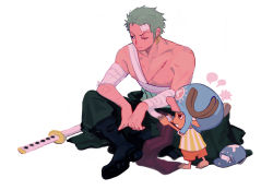 Rule 34 | 2boys, antlers, bandages, bandaid, bandaid on face, bandaid on forehead, earrings, full body, hat, highres, horns, jewelry, multiple boys, one piece, roronoa zoro, scar, scar on chest, scar on face, shirt, shorts, sitting, sword, tony tony chopper, topless male, towne, weapon, white background