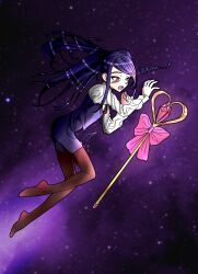 Rule 34 | 1girl, absurdres, floating, gem, griffinichirou, heart, highres, huge bow, jill stingray, long hair, long sleeves, necktie, no shoes, pantyhose, pencil skirt, purple eyes, purple hair, red necktie, shirt, sidelocks, signature, skirt, solo, space, staff, va-11 hall-a, vest, white shirt