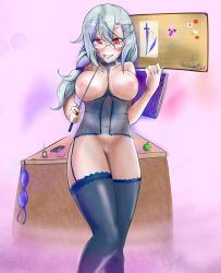 Rule 34 | absurdres, anal beads, biting, bra, braid, braided ponytail, breasts, corset, crossed legs, eydis (sao), female focus, flatpancakesjim, glasses, grey hair, highres, large breasts, leaning back, lingerie, nude, office lady, pubic tattoo, red eyes, sex toy, solo, sword art online, sword art online: alicization, tattoo, thick thighs, thighhighs, thighs, underwear