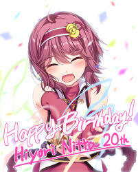 Rule 34 | 1girl, azuki nagamitsu (tenka hyakken), bare shoulders, blush, chobipero, closed eyes, collar, confetti, elbow gloves, facing viewer, fingerless gloves, gloves, hairband, happy birthday, nitta hiyori, open mouth, outstretched arms, party popper, purple hair, short hair, sleeveless, streamers, tenka hyakken, voice actor, white collar