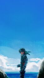 Rule 34 | 1boy, absurdres, blue eyes, blue hair, blue sky, boku no hero academia, clenched hand, cloud, freckles, from side, gloves, highres, horizon, male focus, midoriya izuku, natchan blue (nanairopenki), ocean, sky, smile, solo